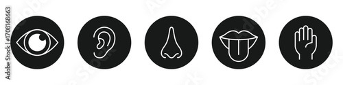 Five human senses editable stroke outline icons set isolated on white background. Vector illustration.