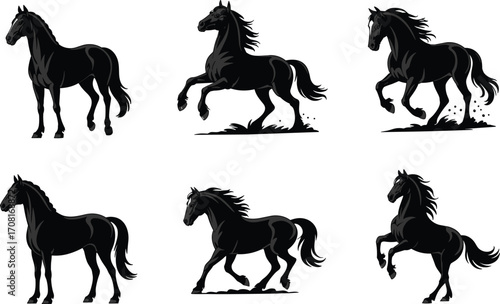Horse silhouette vector set, dynamic equine poses, galloping, trotting, rearing horse illustration, black animal clipart, motion anatomy design pack
