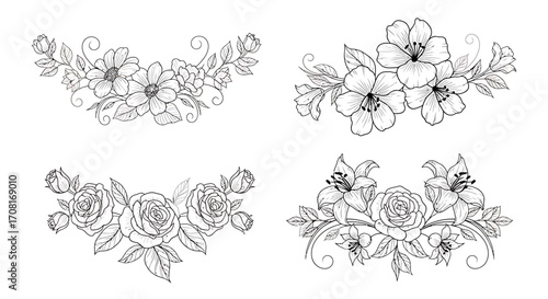 Vector pack of floral decorative elements, elegant line art flowers modern botanical ornaments clean nature symbols isolated