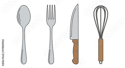 Vector pack of 4 kitchen utensil icons, spoon fork knife whisk flat modern cooking equipment symbols isolated illustration