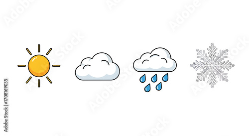 Vector set of 4 weather icons, sun cloud rain snowflake flat minimal climate forecast symbols, clean meteorology illustrations isolated