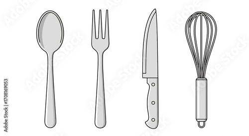 Vector pack of 4 kitchen utensil icons, spoon fork knife whisk flat modern cooking equipment symbols isolated illustration