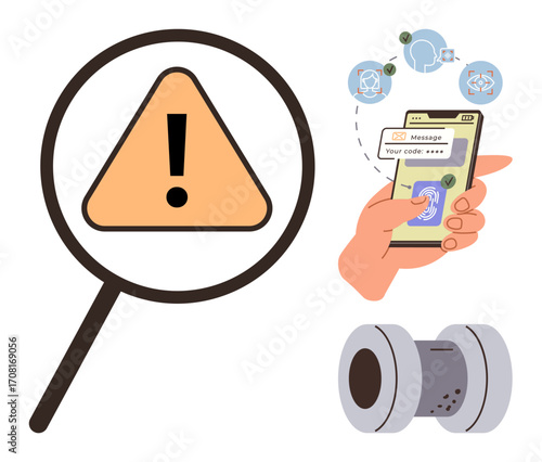 Magnifying glass with a warning sign, a smartphone with authentication process, and a security camera. Ideal for cybersecurity, alert systems, safety, technology, monitoring, surveillance threat