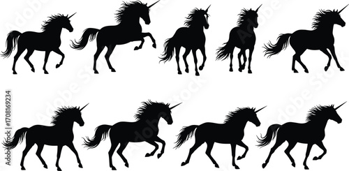 Unicorn silhouette vector set, fantasy horse illustration, magical animal clipart, walking, trotting, rearing unicorn poses, black mythical design pack