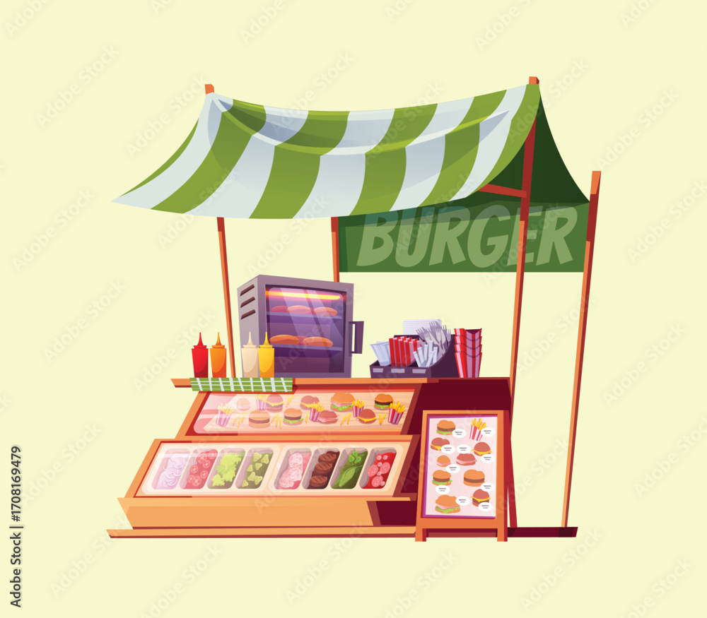 Naklejka premium Burger Street Food Stall with Canopy and Display Counter Vector