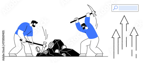 Two workers using hammer and pickaxe to break rocks, accompanied by rising arrows and search bar. Ideal for teamwork, mining, growth, progress, productivity, problem-solving, simple landing page