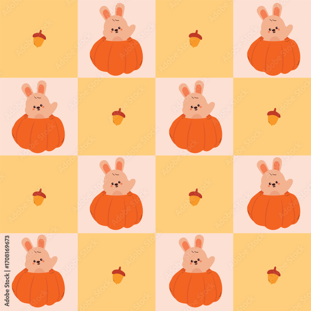 Obraz premium seamless pattern cute cartoon bunny inside autumn pumpkin. cute pattern for autumn vibe with patchwork style