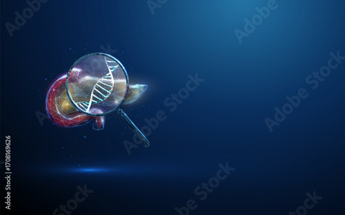 3d pancreas with magnifying glass and DNA inside. Genetic research, pancreatic disease detection, DNA sequencing, healthcare innovation concept.