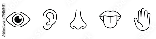 Human senses icon set. Vision eye, smell nose, hearing ear, touch hand, taste mouth with tongue. Simple line icons in black. Five senses of human nervous system.