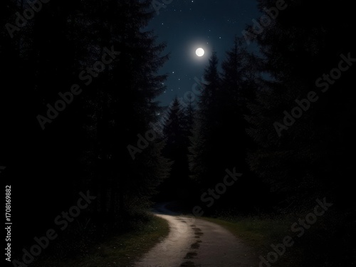 A moonlit path winds through a dark forest, stars visible above.