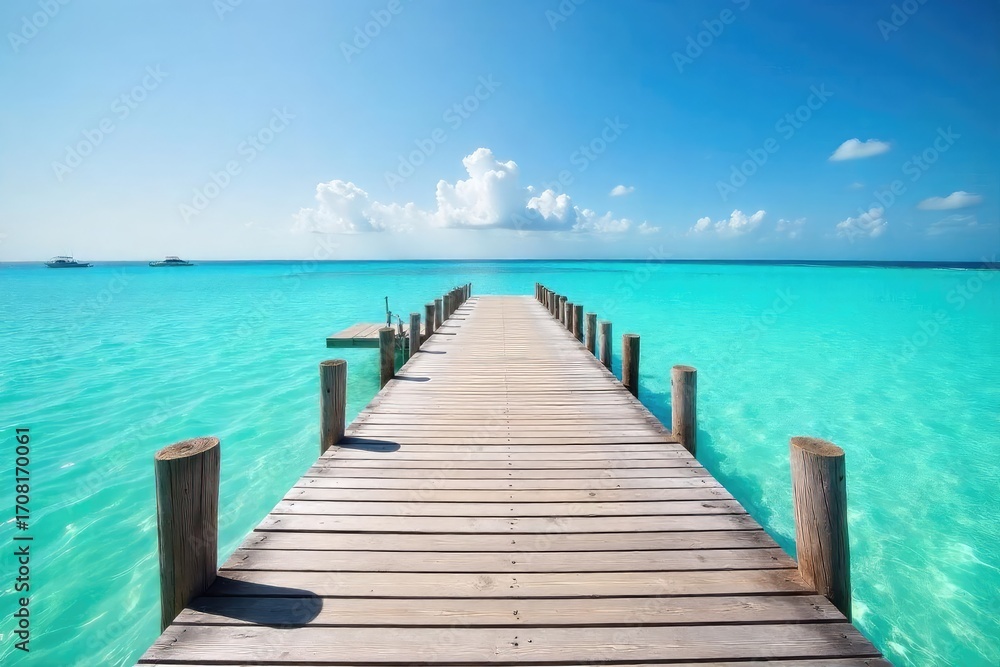 Fototapeta premium Sun-bleached wooden pier extending over calm, turquoise water Perfect for relaxation, summer vacation, coastal living imagery Stunning natural light and vibrant colors , relaxation, jetty, travel