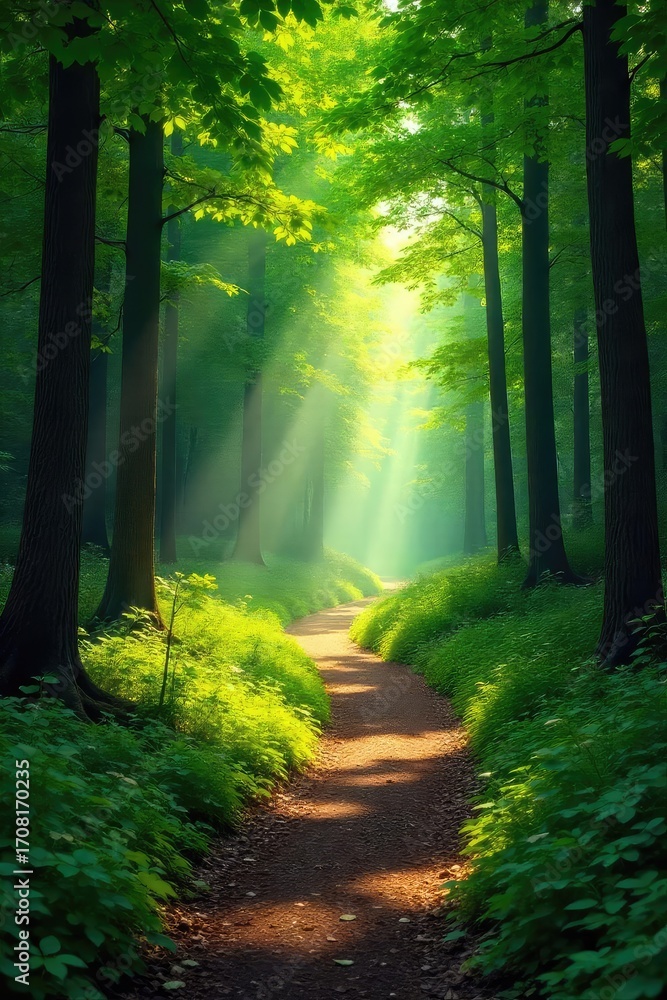 Fototapeta premium Sun-dappled forest path winding through lush green woods, sunlight filtering through leaves, creating a magical atmosphere Perfect for fantasy, nature, or adventure themes , plant, shadows