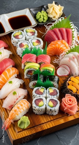 A diverse selection of sushi and sashimi displayed beautifully on a wooden board, featuring various colors and textures.
