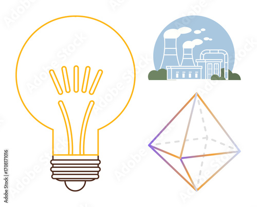 Lightbulb for ideas, industrial factory emitting smoke, prism-thumbs up geometric shape. Ideal for energy, sustainability, innovation, clean energy, industry design thinking technology. Simple flat