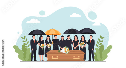 Flat style illustration of mourners in black clothing with umbrellas standing around a coffin decorated with flowers, symbolizing grief, remembrance, and emotional support at a funeral