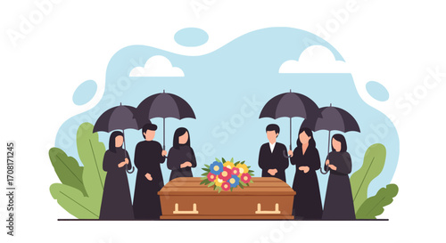 Flat style illustration of mourners in black clothing with umbrellas standing around a coffin decorated with flowers, symbolizing grief, remembrance, and emotional support at a funeral