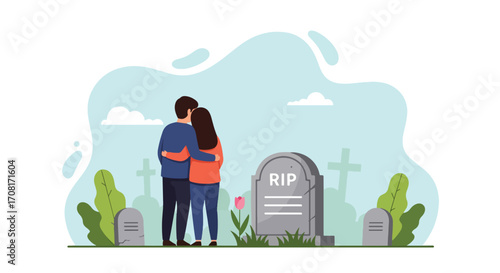 Flat style illustration of a couple embracing while visiting a grave in a cemetery, symbolizing grief, remembrance, love, and emotional support during mourning
