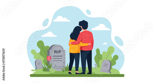 Flat style illustration of a couple embracing while visiting a grave in a cemetery, symbolizing grief, remembrance, love, and emotional support during mourning