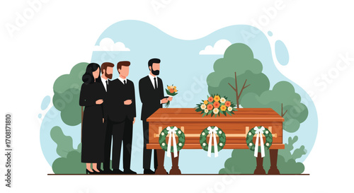 Flat style illustration of mourners in black clothing gathered around a coffin decorated with flowers and wreaths at a funeral, symbolizing grief, remembrance, respect, and emotional support