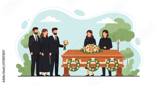 Flat style illustration of mourners in black clothing gathered around a coffin decorated with flowers and wreaths at a funeral, symbolizing grief, remembrance, respect, and emotional support