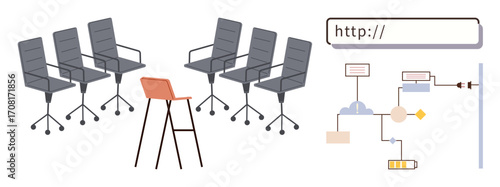 Office chairs grouped neatly, single stool in focus, browser search bar, and process flowchart. Ideal for teamwork, brainstorming, digital workflow, productivity, collaboration innovation office