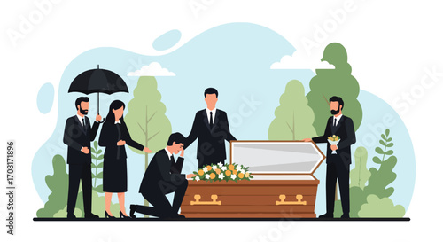 Flat style illustration of grieving people in black clothing attending a funeral, standing beside a coffin with flowers, symbolizing loss, remembrance, sorrow, and emotional support