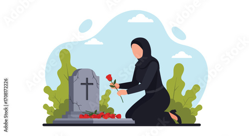 flat style illustration of a grieving woman in hijab placing flowers on a grave in a cemetery, symbolizing mourning, remembrance, loss, and respect for loved ones