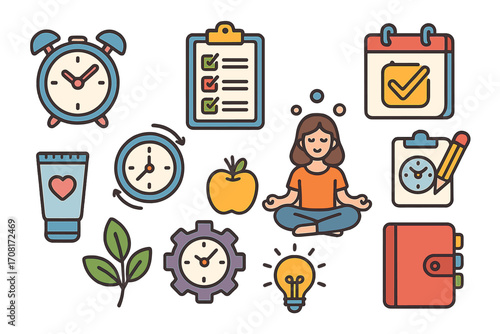 Time management and self care icon set. Productivity and work life balance concept. Daily routine, planning, meditation, healthy habits and lifestyle vector symbols.