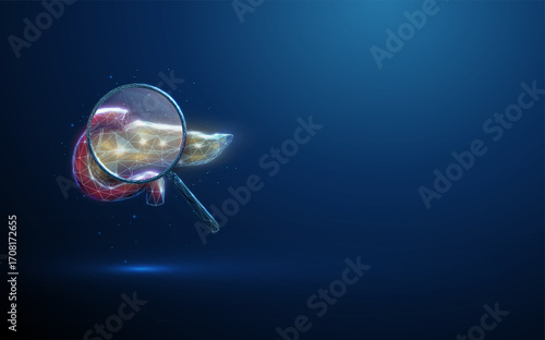 3d pancreas with magnifying glass. Pancreatic health examination, diagnostics, disease detection, biotechnology, healthcare innovation concept.