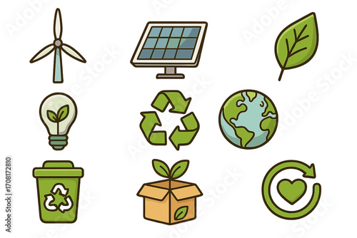 Eco friendly icon set for sustainability and green energy. Vector cartoon symbols for renewable power like wind and solar. Ecology, recycling, and conservation concept illustration.