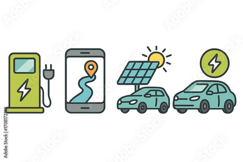Electric car icon set. EV charging station, mobile gps navigation, car with solar panel. Green transport. Renewable energy, eco friendly automobile. Vector illustration.