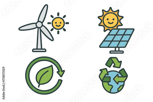 Renewable energy icon set. Sustainability and ecology concept. Vector of green power, solar panel, wind turbine, recycle symbol, eco friendly earth. Clean energy illustration.