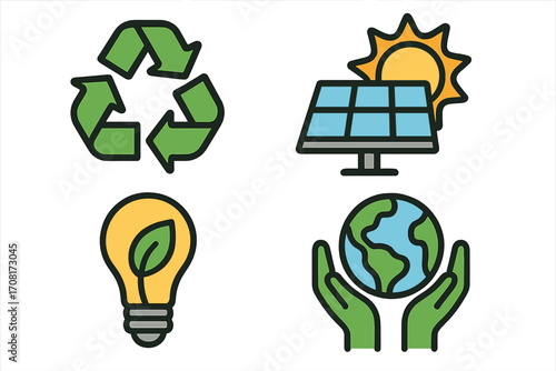Ecology icon set. Sustainability, renewable energy and environment conservation concept. Recycle symbol, solar panel, green light bulb and hands holding earth vector icons.