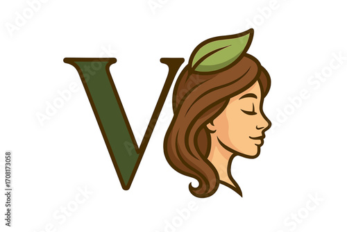 Woman face profile with green leaf for a natural beauty or vegan brand logo. Letter V for vegetarian, vitality, spa, cosmetic products. Serene girl vector illustration.