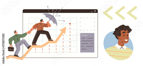 Two individuals climbing an upward graph one protects with an umbrella while aiding another. Ideal for teamwork, stability, growth, resilience, leadership, support, achievement. Simple flat metaphor