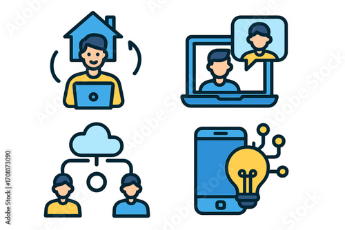 Set of remote work icons. Digital collaboration and technology trends concept. Work from home, online meeting, cloud computing, innovation, freelance and smart solutions.
