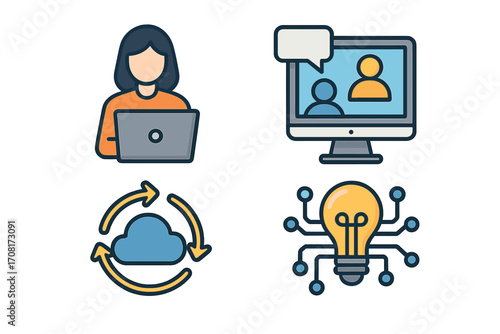 Modern work icon set. Remote work, digital collaboration, video conference. Cloud computing sync. Technology innovation idea. Business workflow vector cartoon icons.
