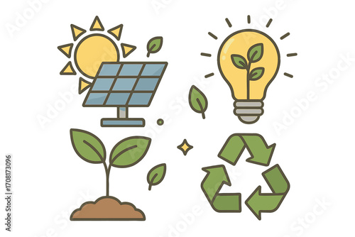 Renewable energy icon set with solar panel, sun, lightbulb with plant, and recycling symbol. Ecology, sustainability, and green environment concept. Vector cartoon illustration.