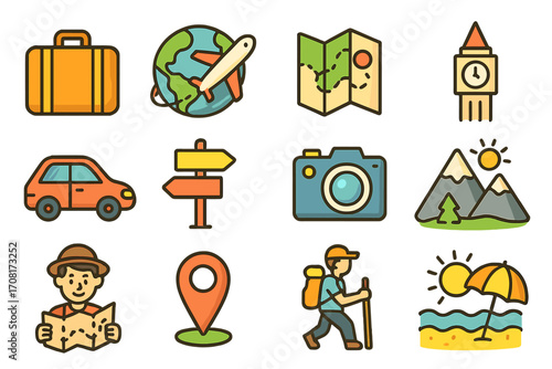 Travel icon set for journey and vacation. Tourism, exploration, adventure concepts. Landmark, map, suitcase, camera, hiking, beach holiday. Flat cartoon vector icons.