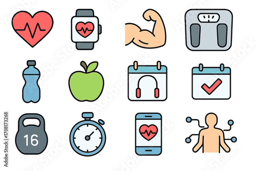 Health, fitness, and technology icon set. Vector collection for gym, workout, nutrition, and heart rate monitoring. Healthy lifestyle concept for mobile app and web design.