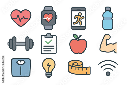 Fitness and sport icon collection. Health, workout, and diet symbols. Dumbbell, heart rate, nutrition, weight scale, smartwatch and tracker app vector illustration set.
