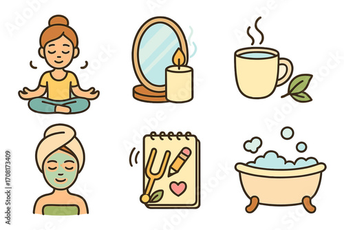 Wellness and self-care icon set for relaxation and mindfulness. Vector concepts for mental health, including meditation, spa treatment, face mask, tea, bath and journaling.