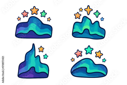 Set of cute cartoon aurora borealis vector illustrations. Northern lights with colorful glowing stars logo icon collection. Magic night sky polar light phenomenon concept.