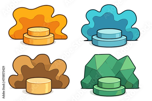 Set of 3D cartoon podiums. Vector product display stands collection with colorful abstract backgrounds. Empty stage pedestal for presentation, cosmetic mock-up, or showcase.