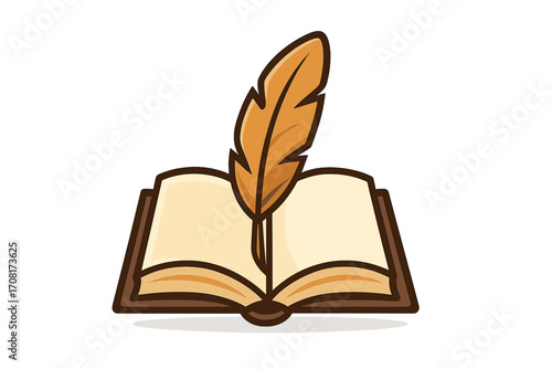 Feather quill in open book logo. Vector icon for writer, author, or publisher. Symbol of storytelling, literature, education, and knowledge. Classic vintage notary or law emblem.