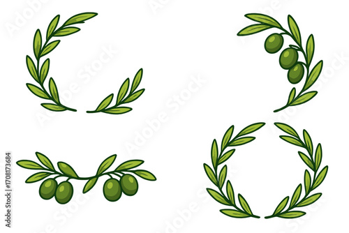 Olive branch vector collection. Set of cartoon green laurel wreaths, frames, borders and corners. Symbol of peace, victory, and greek culture. Organic natural decorative element.