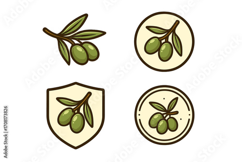 Olive branch logo icon set. Green olives on a branch with leaves vector collection. Natural organic food symbol for extra virgin oil. Mediterranean, Greek, Italian cuisine emblem.