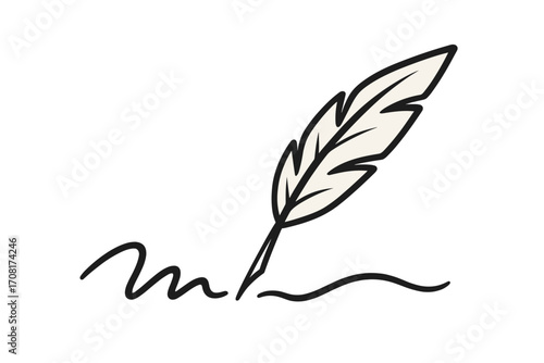 Elegant quill pen drawing signature line, vector cartoon illustration with transparent background, classic feather writing tool, ink stroke design, handwriting symbol, calligraphy art