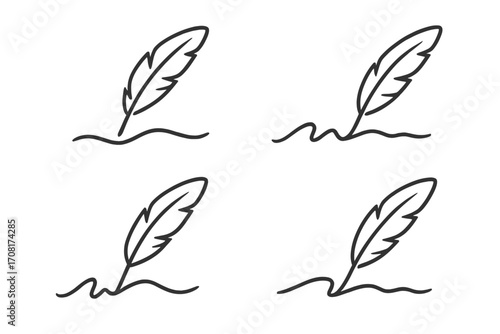 Quill pen and elegant signature line logo design set, vector cartoon style illustration with transparent background, classic writing feather icons for branding and creative identity