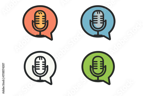 Podcast microphone icon set with speech bubble shapes, vector cartoon illustration collection, communication symbols for audio, broadcast, recording, voice chat concept